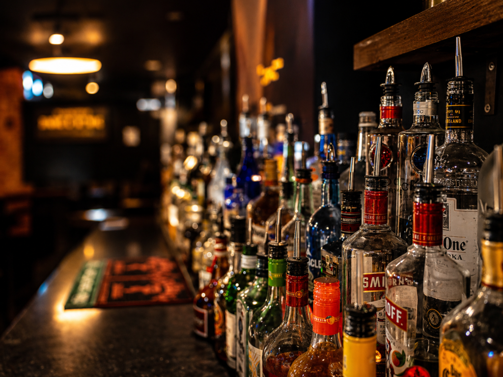 Liquor bottles behind the bar at Smitty’s in Aledo, TX